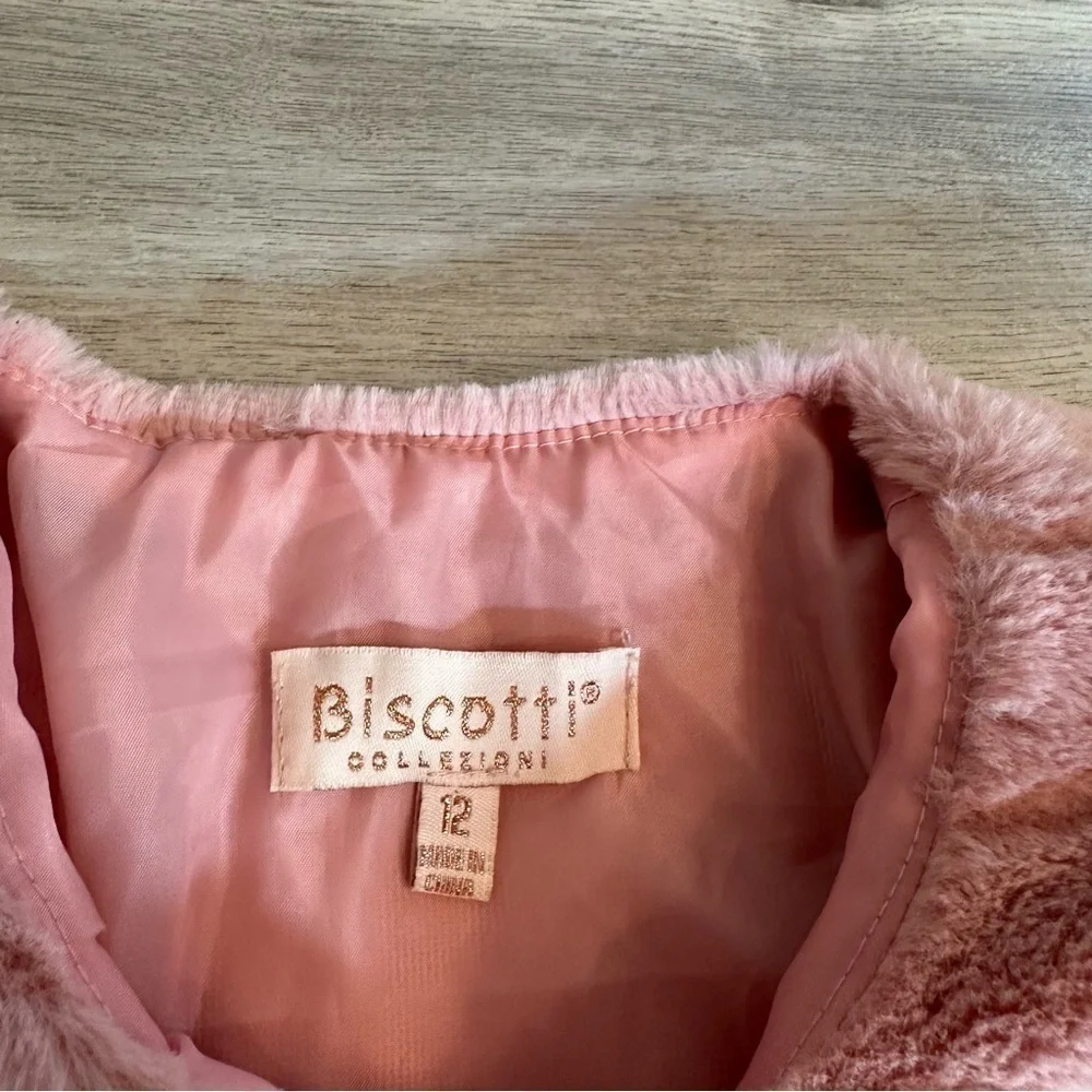 Biscotti Girls Pink Faux Fur Jacket Size 12 Satin Bow Waist Dressy Coat